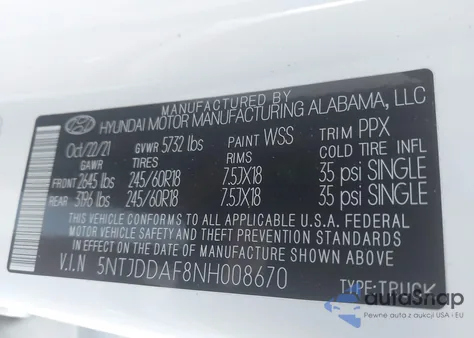 2022 Hyundai Santa Cruz Sel Premium from USA, damaged, VIN 5NTJDDAF8NH008670